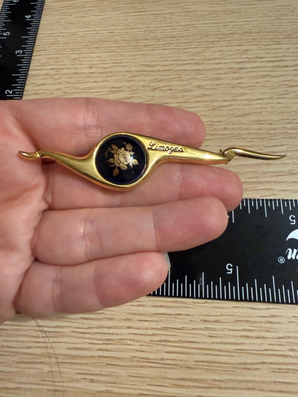 Vintage Limoges Castel France Gold Cobalt Blue Porcelain Brooch Pin 22k Gold